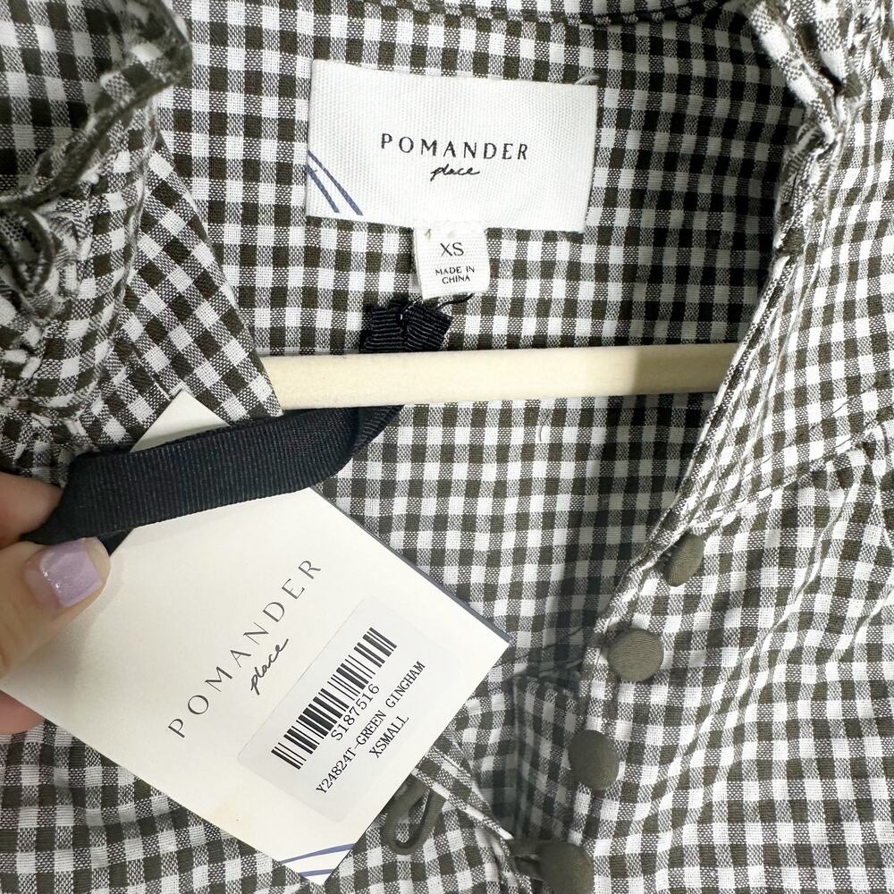 Tuckernuck Pomander Place Green Gingham Linen Puff Sleeve Mini Dress XS NEW - Picture 6 of 8